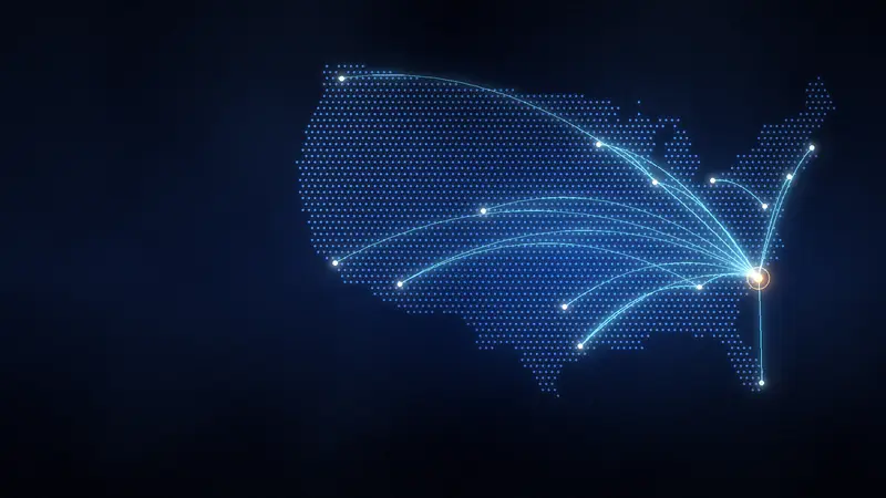 Dotted map of the United States with route lines between cities