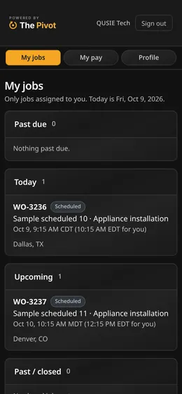 The Pivot tech phone page, My jobs: past due, today and upcoming sample jobs