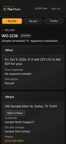 Tech phone page for sample job WO-3236: appointment time, site status and address with an Open in Maps button