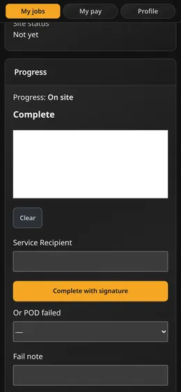 Tech phone page proof-of-delivery step: signature box, service recipient and a Complete with signature button