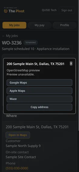 Tech phone page map menu for a sample address: Google Maps, Apple Maps, Waze or copy address