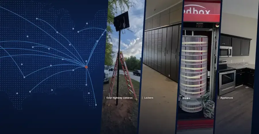 Collage of Field Pivot work: solar highway cameras, lockers, a Redbox kiosk and installed appliances, over a map of routes from Columbia, SC